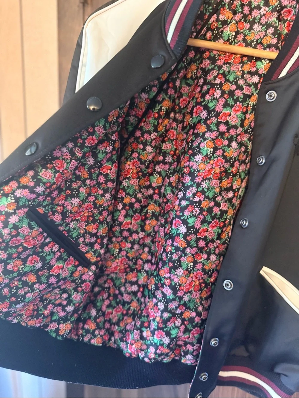 COACH Women’s Bomber REVERSIBLE Varsity Jacket Floral Print Colorblock Satin